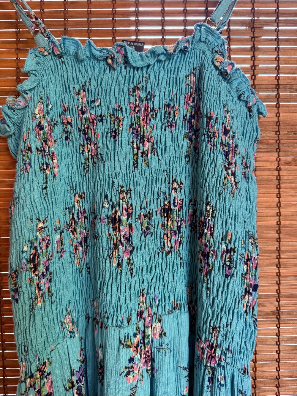 Vintage Angie Turquoise Floral Smocked Cottagecore Midi Dress M - Picture 8 of 9